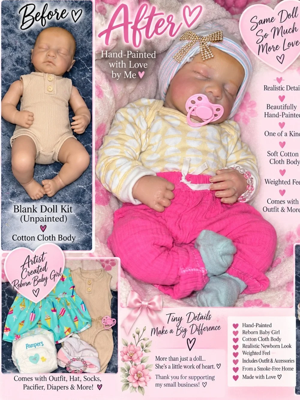 Hand-Painted Reborn Baby Doll in Pink Outfit - Artist-Created